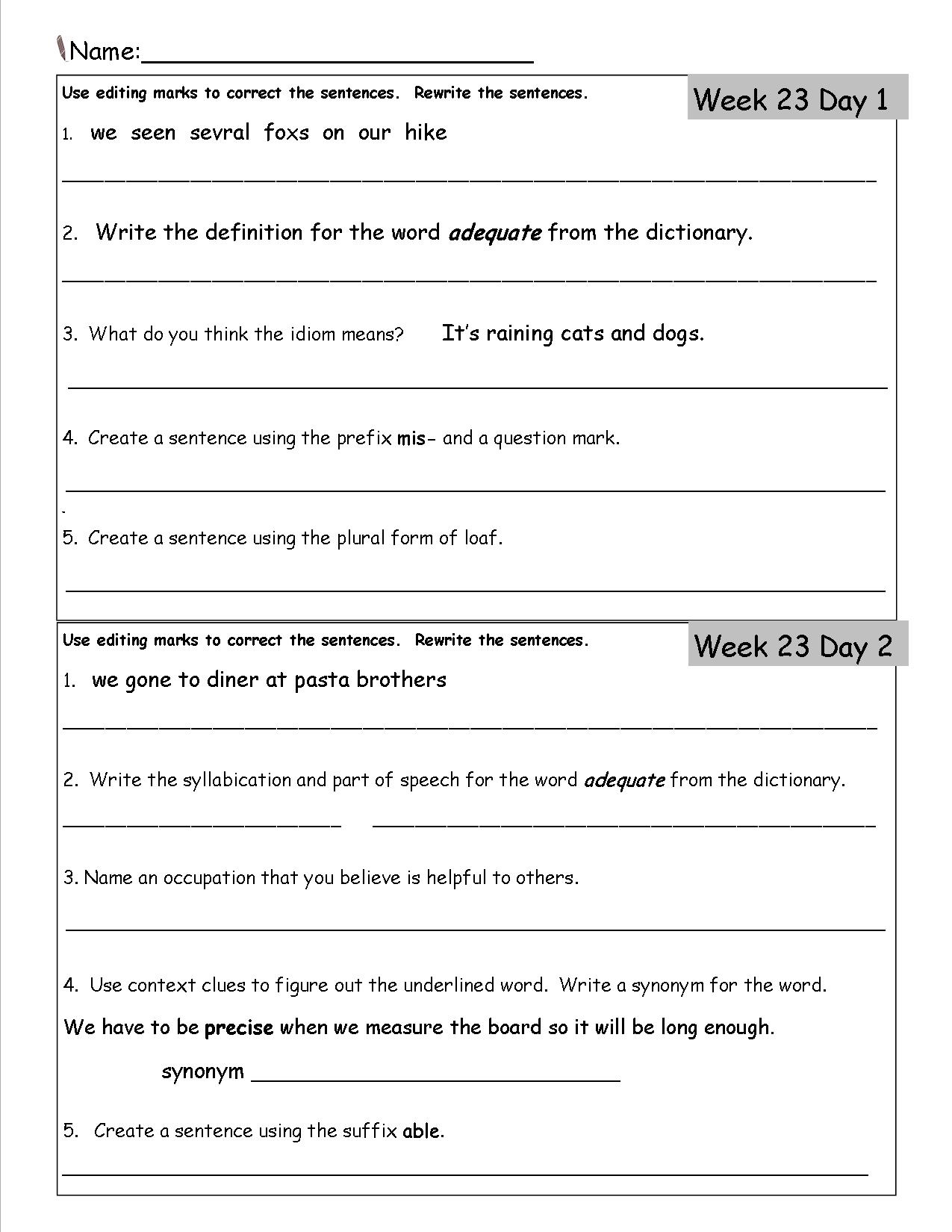 Free 3rd Grade Daily Language Worksheets