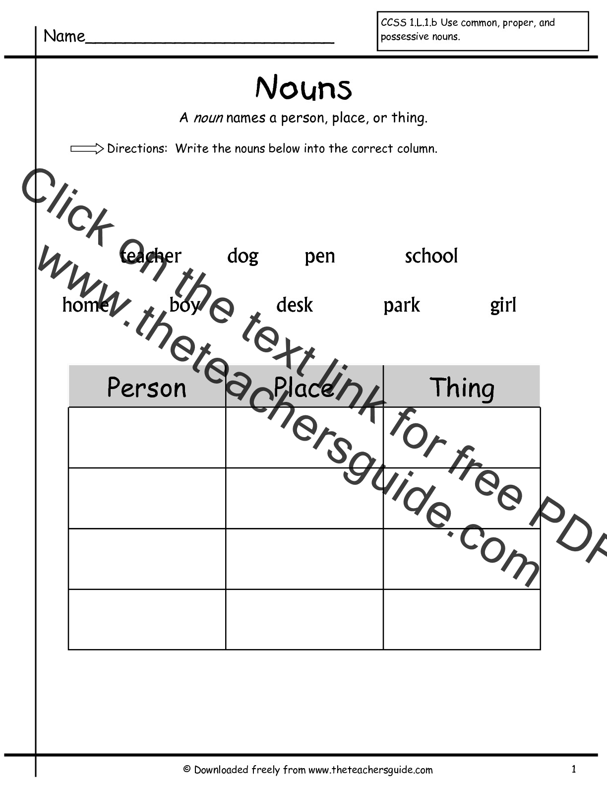 Listing Nouns First Grade Worksheet