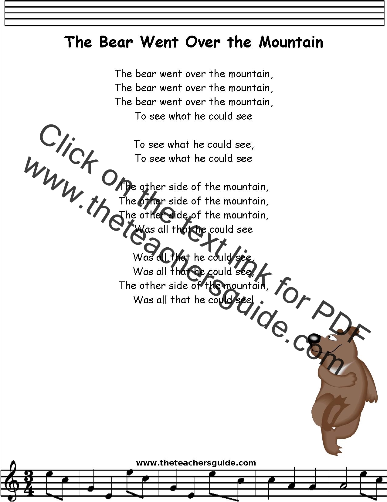 Bear Went Over the Mountain Lyrics, Printout, MIDI, and Video