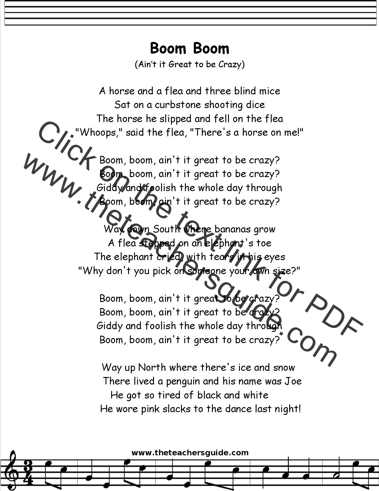 Boom Boom Ain't It Great to be Crazy Lyrics, Printout, MIDI, and Video