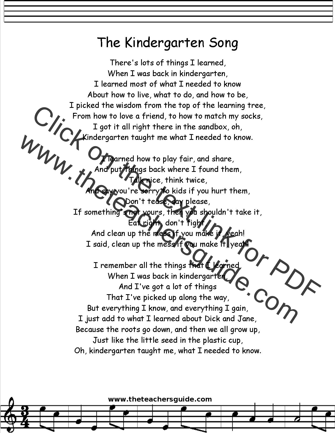 Kindergarten Song lyrics printout