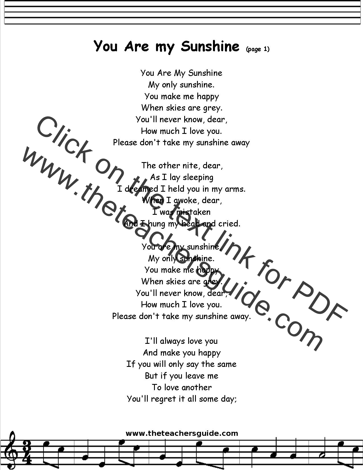 You Are My Sunshine lyrics card