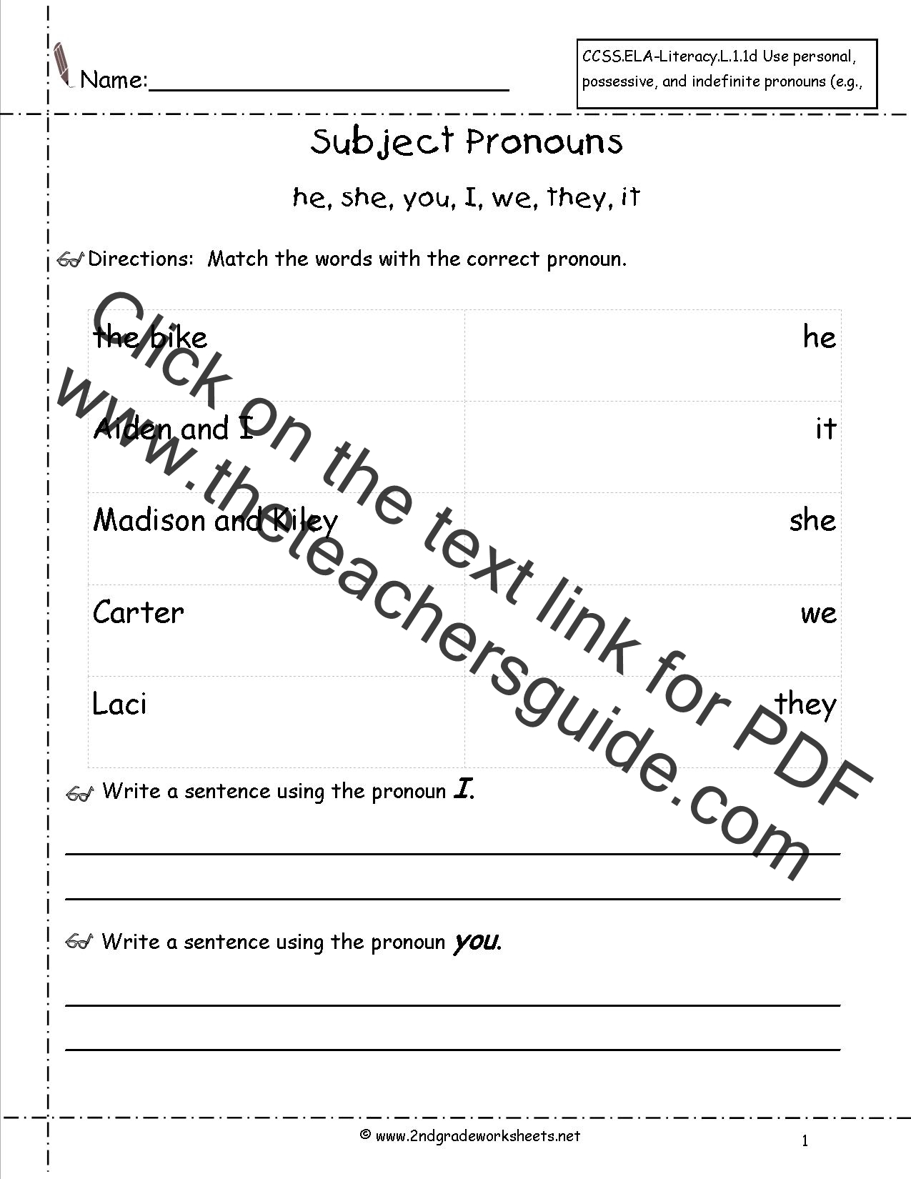 Subject Pronouns Worksheet Grade 1