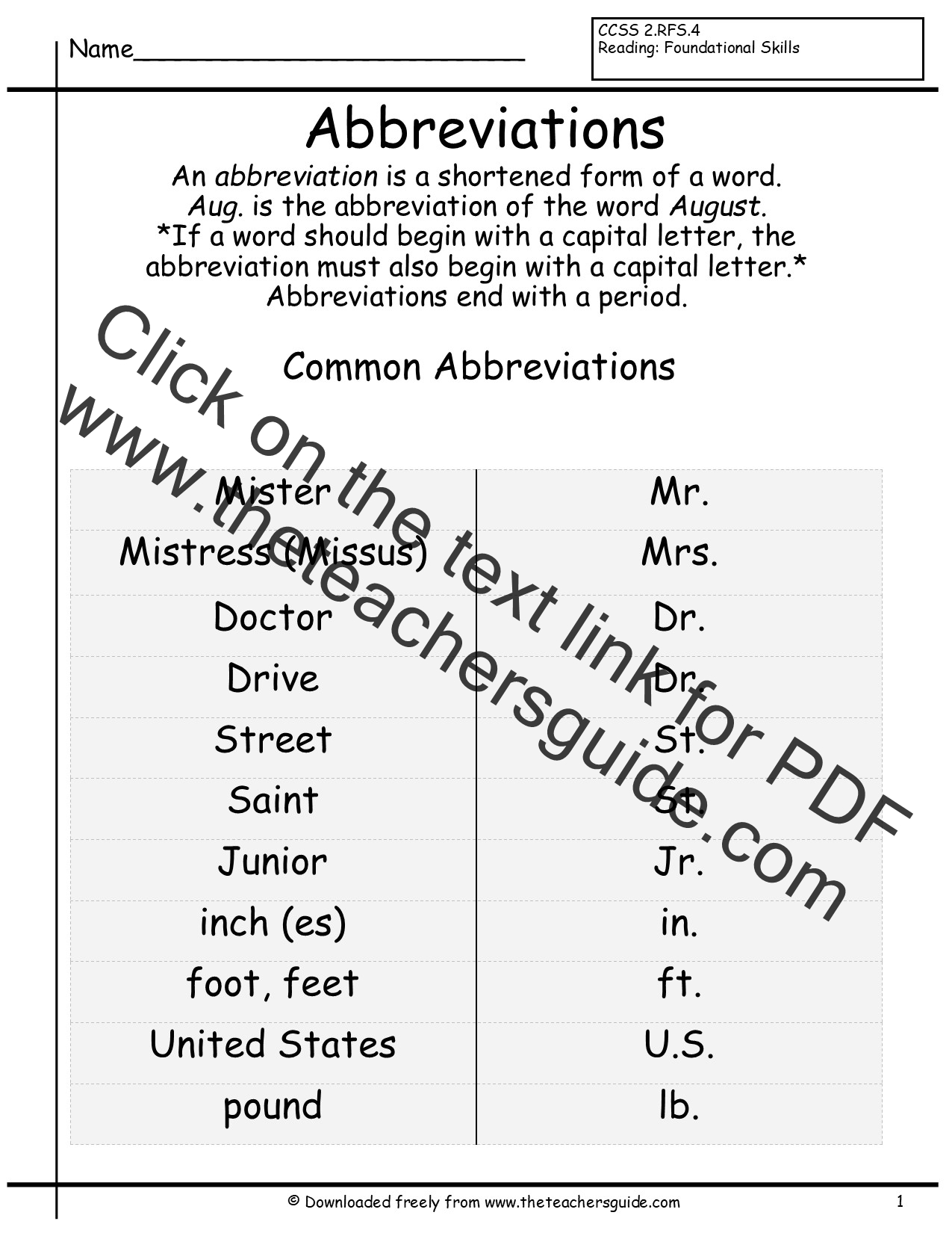 Abbreviations Worksheets from The Teacher's Guide