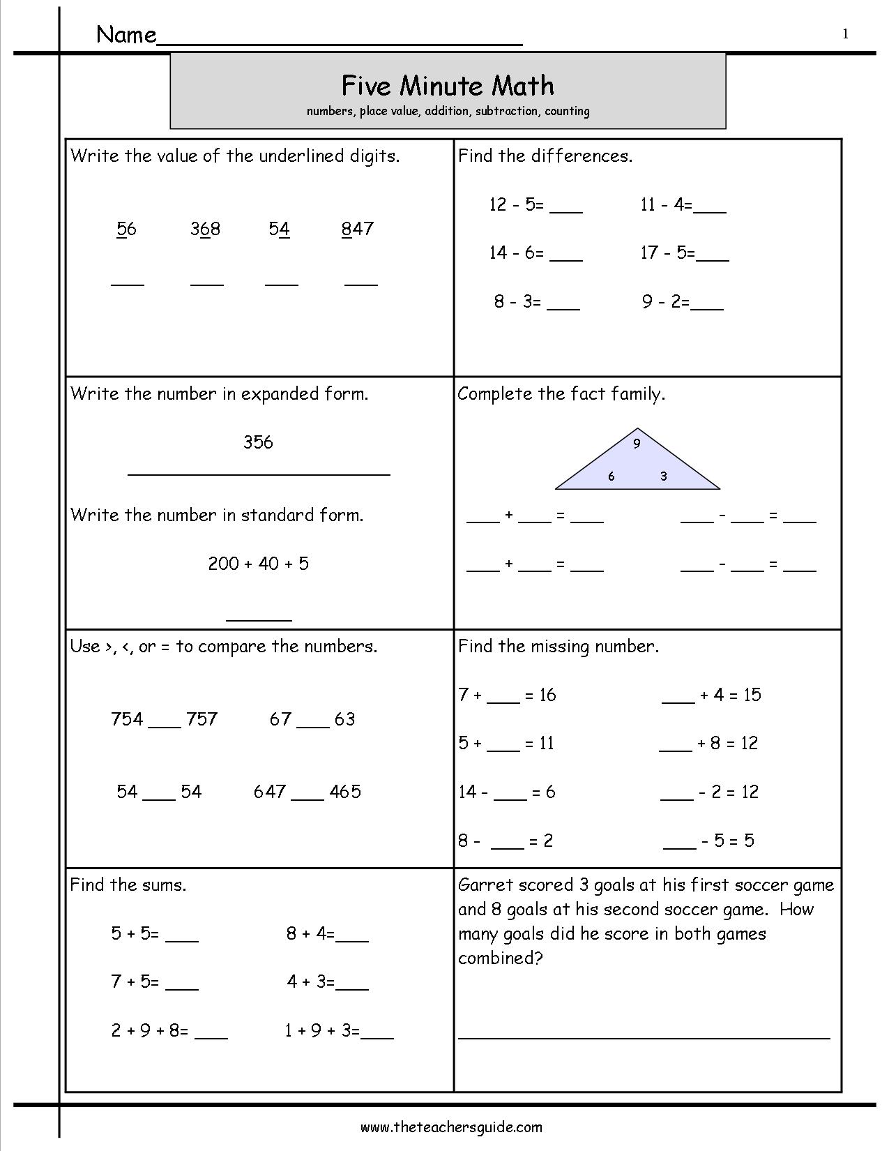 Five Minute Math Review Worksheets from The Teacher's Guide