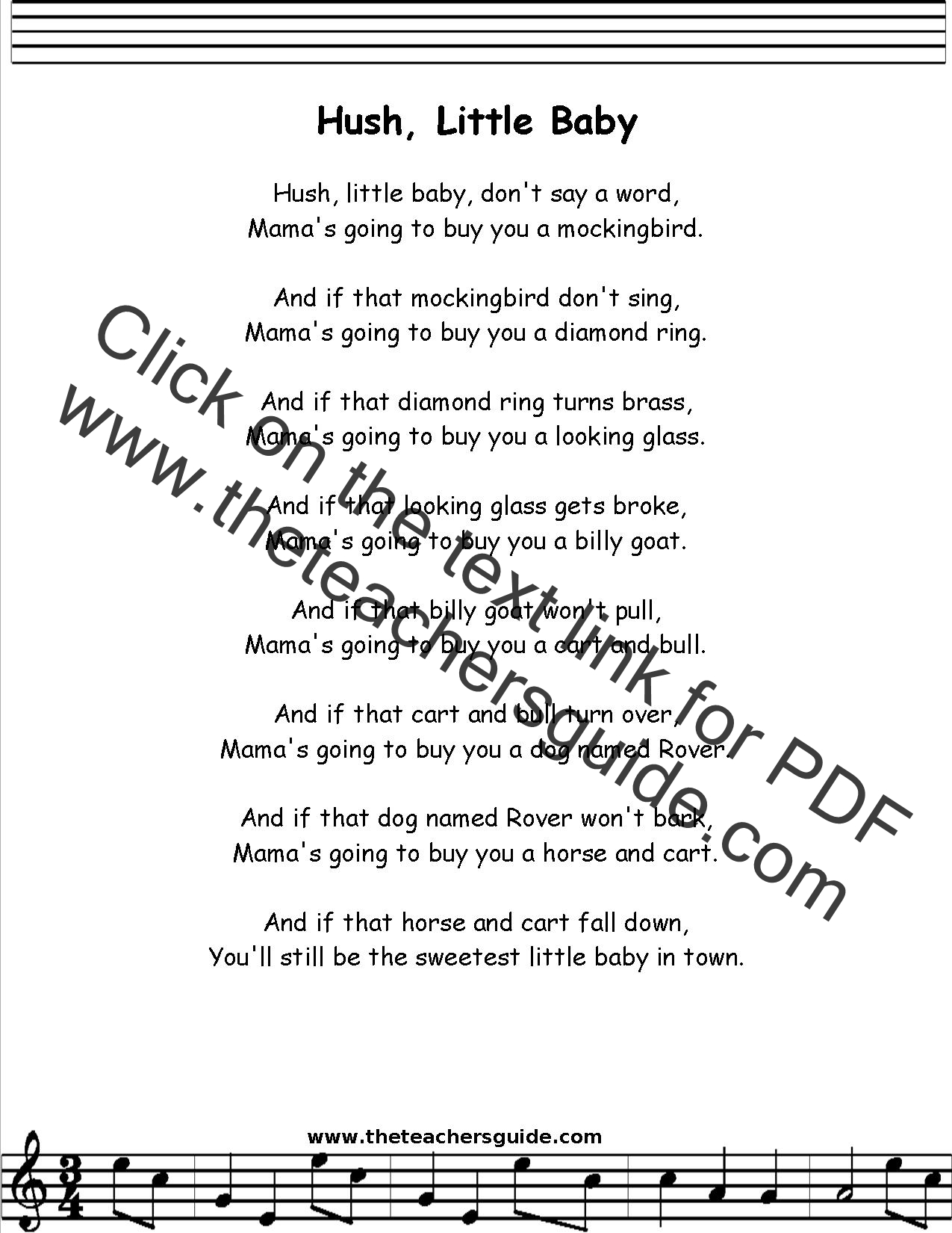 Hush Little Baby Lyrics, Printout, MIDI, and Video