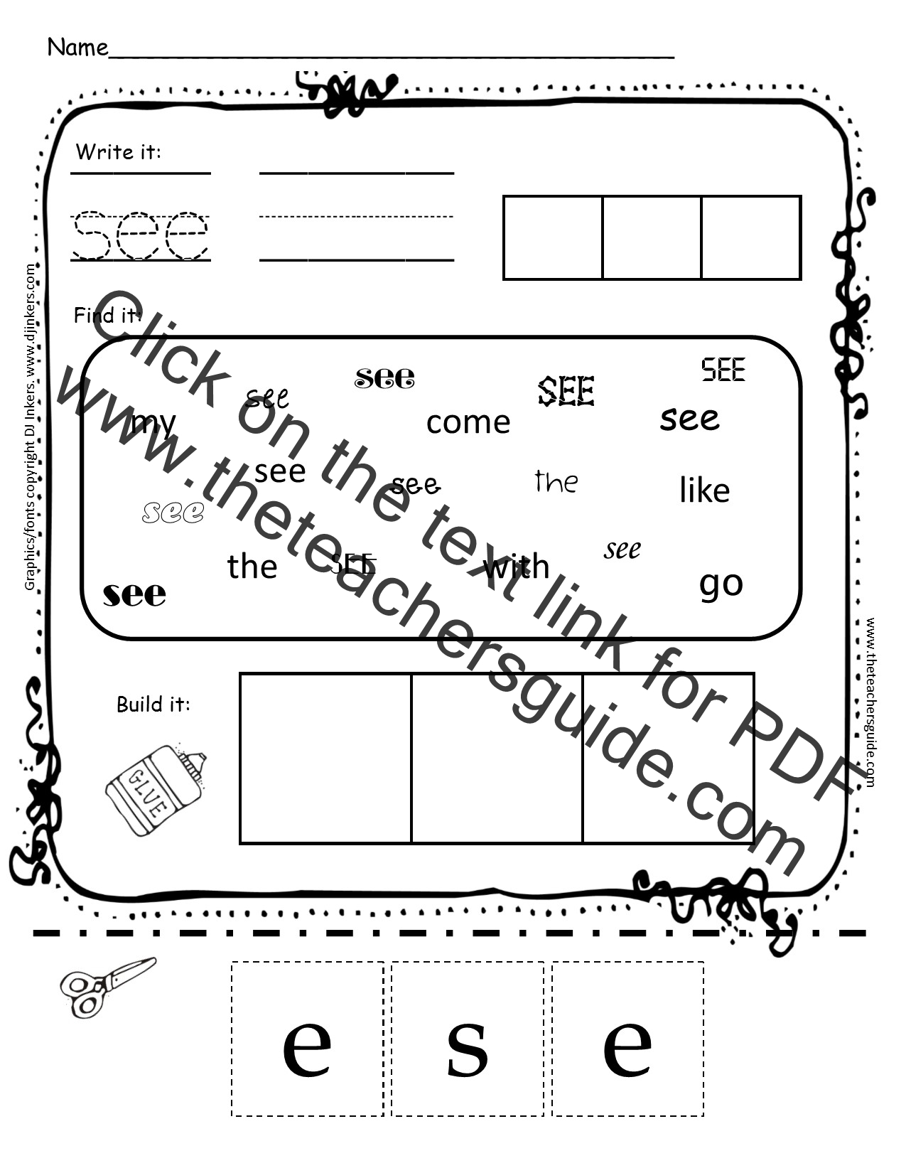 Kindergarten Sight Word Printouts from The Teacher's Guide