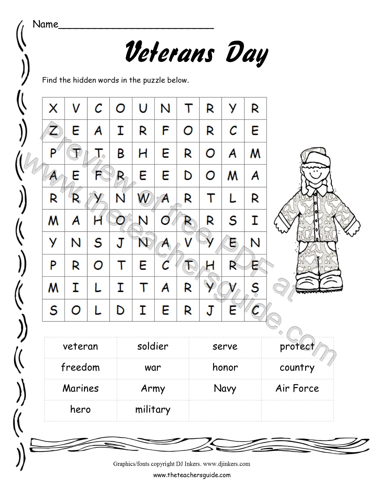 Veterans Day Word Search Free Printable